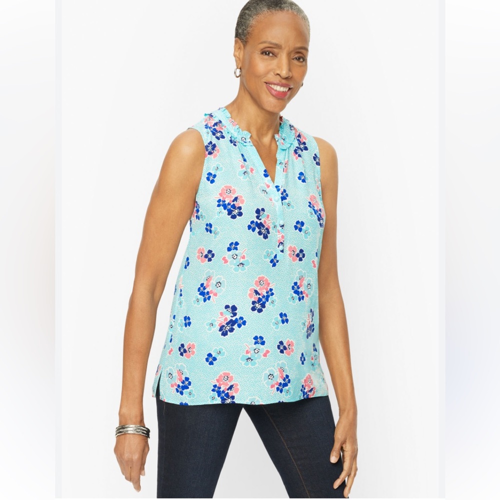 Talbots Ruffle V-Neck Polka Dot Floral Sleeveless Blouse - Size M